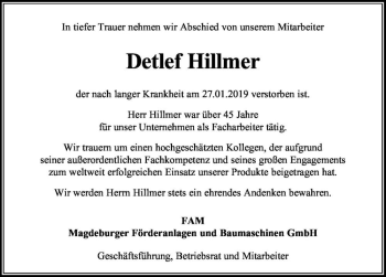 Traueranzeige von Detlef Hillmer  von Magdeburger Volksstimme