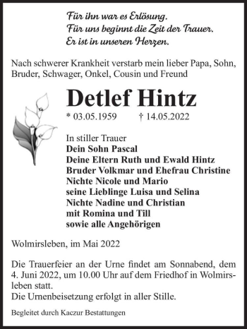 Traueranzeige von Detlef Hintz  von Magdeburger Volksstimme
