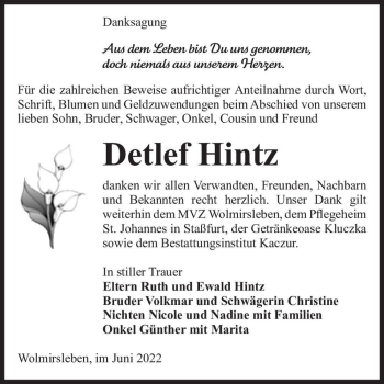Traueranzeige von Detlef Hintz  von Magdeburger Volksstimme
