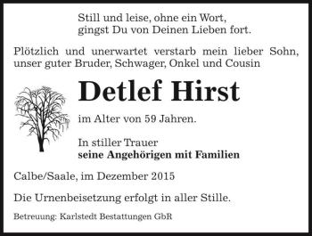 Traueranzeige von Detlef Hirst  von Magdeburger Volksstimme