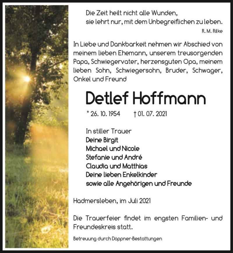  Traueranzeige für Detlef Hoffmann  vom 10.07.2021 aus Magdeburger Volksstimme