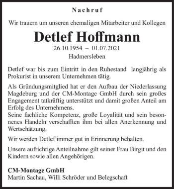 Traueranzeige von Detlef Hoffmann  von Magdeburger Volksstimme
