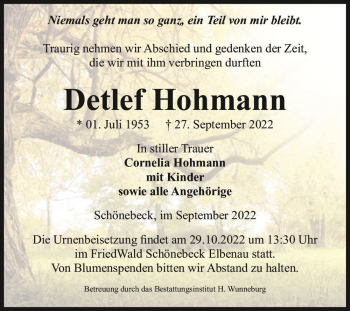 Traueranzeige von Detlef Hohmann  von Magdeburger Volksstimme