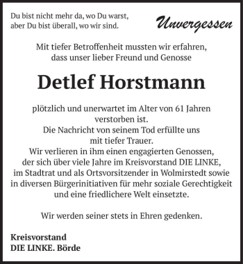 Traueranzeige von Detlef Horstmann  von Magdeburger Volksstimme