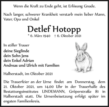 Traueranzeige von Detlef Hotopp  von Magdeburger Volksstimme