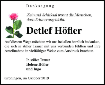 Traueranzeige von Detlef Höfler  von Magdeburger Volksstimme