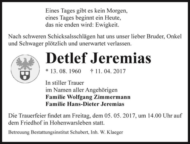  Traueranzeige für Detlef Jeremias  vom 29.04.2017 aus Magdeburger Volksstimme