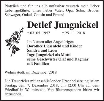 Traueranzeige von Detlef Jungnickel  von Magdeburger Volksstimme