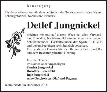 Traueranzeige von Detlef Jungnickel  von Magdeburger Volksstimme