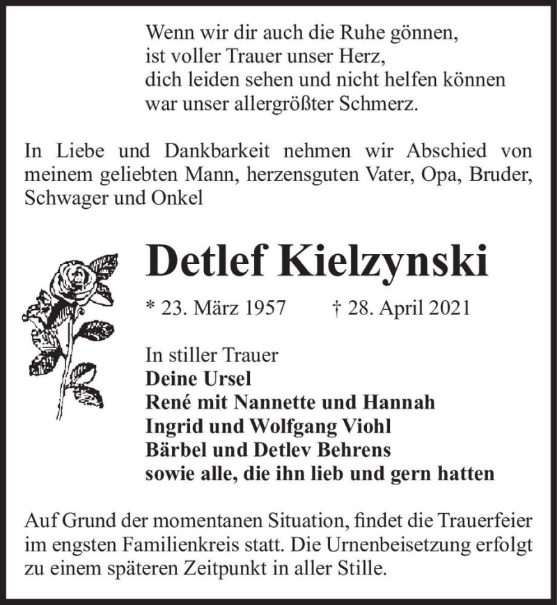  Traueranzeige für Detlef Kielzynski  vom 15.05.2021 aus Magdeburger Volksstimme