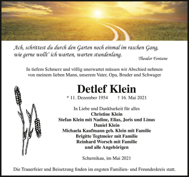  Traueranzeige für Detlef Klein  vom 22.05.2021 aus Magdeburger Volksstimme