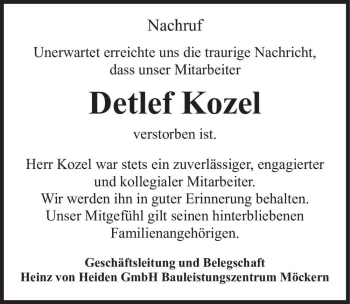 Traueranzeige von Detlef Kozel  von Magdeburger Volksstimme