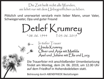 Traueranzeige von Detlef Krumrey  von Magdeburger Volksstimme