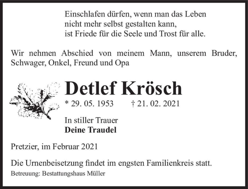  Traueranzeige für Detlef Krösch  vom 23.02.2021 aus Magdeburger Volksstimme