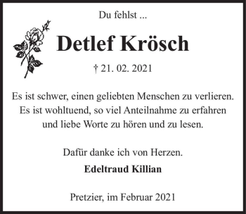 Traueranzeige von Detlef Krösch  von Magdeburger Volksstimme