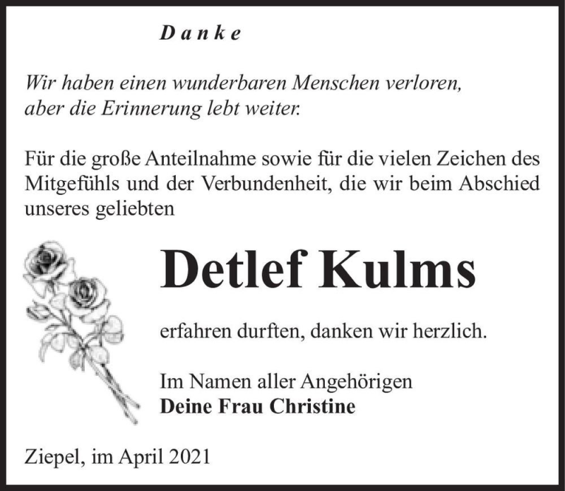 Traueranzeige für Detlef Kulms  vom 24.04.2021 aus Magdeburger Volksstimme
