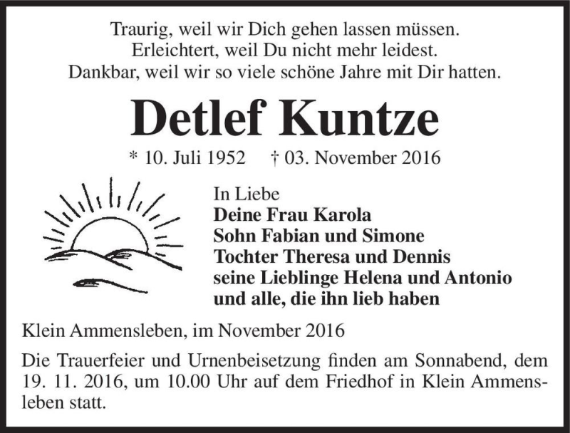  Traueranzeige für Detlef Kuntze  vom 12.11.2016 aus Magdeburger Volksstimme