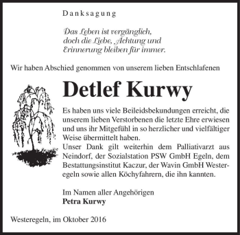 Traueranzeige von Detlef Kurwy  von Magdeburger Volksstimme