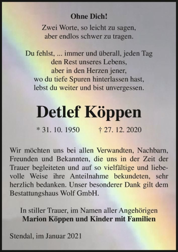 Traueranzeige von Detlef Köppen  von Magdeburger Volksstimme