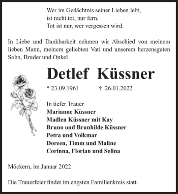 Traueranzeige von Detlef Küssner  von Magdeburger Volksstimme