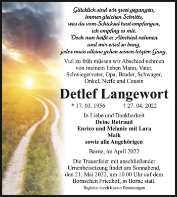 Traueranzeige von Detlef Langewort  von Magdeburger Volksstimme