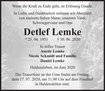 Traueranzeige von Detlef Lemke  von Magdeburger Volksstimme