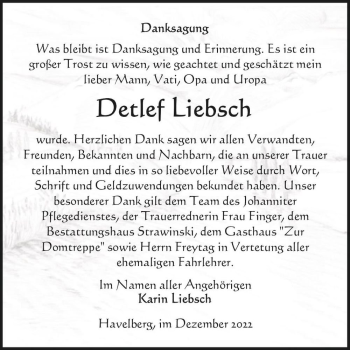 Traueranzeige von Detlef Liebsch  von Magdeburger Volksstimme