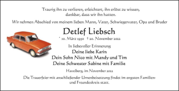 Traueranzeige von Detlef Liebsch  von Magdeburger Volksstimme
