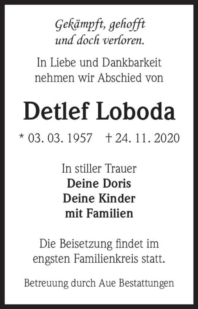  Traueranzeige für Detlef Loboda  vom 28.11.2020 aus Magdeburger Volksstimme