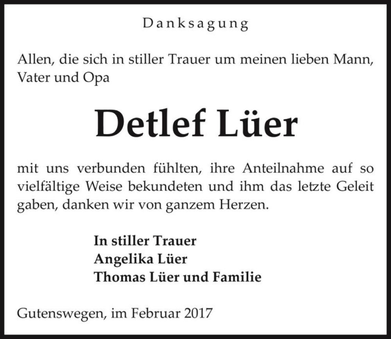  Traueranzeige für Detlef Lüer  vom 18.02.2017 aus Magdeburger Volksstimme