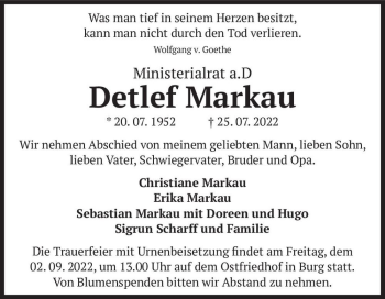 Traueranzeige von Detlef Markau  von Magdeburger Volksstimme