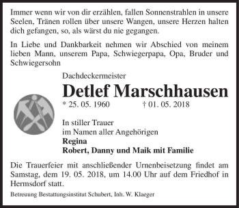 Traueranzeige von Detlef Marschhausen  von Magdeburger Volksstimme