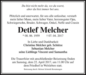 Traueranzeige von Detlef Melcher  von Magdeburger Volksstimme