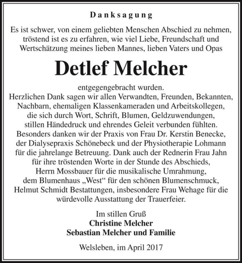  Traueranzeige für Detlef Melcher  vom 06.05.2017 aus Magdeburger Volksstimme