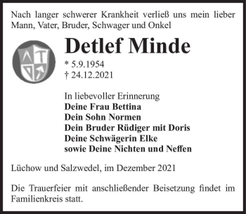 Traueranzeige von Detlef Minde  von Magdeburger Volksstimme