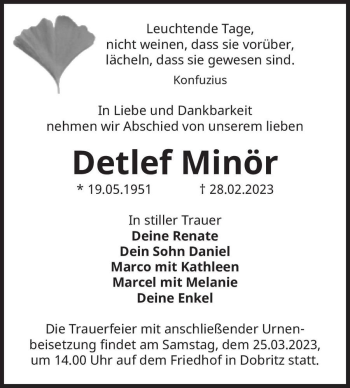 Traueranzeige von Detlef Minör  von Magdeburger Volksstimme