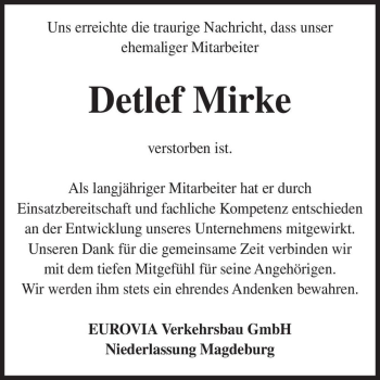 Traueranzeige von Detlef Mirke  von Magdeburger Volksstimme