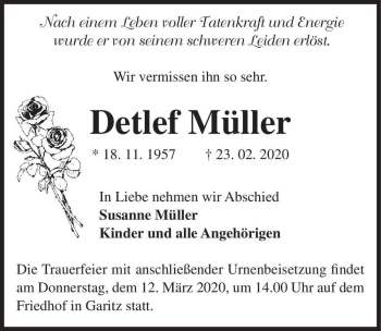 Traueranzeige von Detlef Müller  von Magdeburger Volksstimme