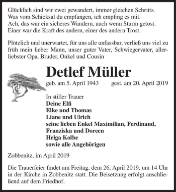 Traueranzeige von Detlef Müller  von Magdeburger Volksstimme