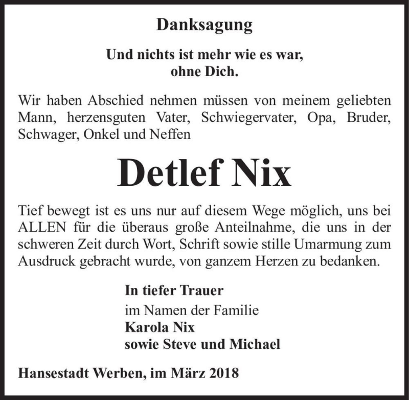  Traueranzeige für Detlef Nix  vom 31.03.2018 aus Magdeburger Volksstimme