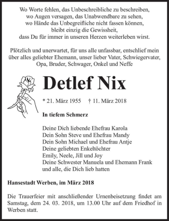 Traueranzeige von Detlef Nix  von Magdeburger Volksstimme