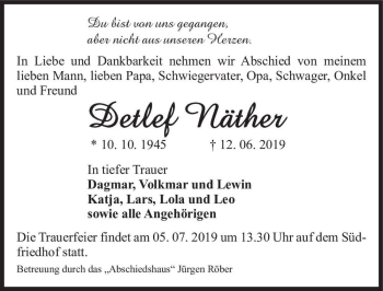 Traueranzeige von Detlef Näther  von Magdeburger Volksstimme