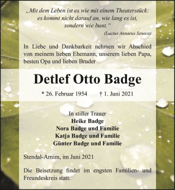 Traueranzeige von Detlef Otto Badge  von Magdeburger Volksstimme