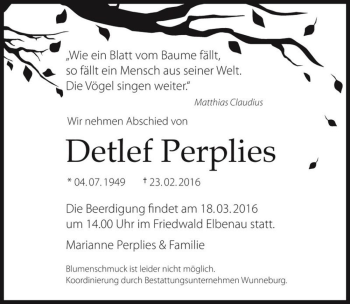 Traueranzeige von Detlef Perplies  von Magdeburger Volksstimme