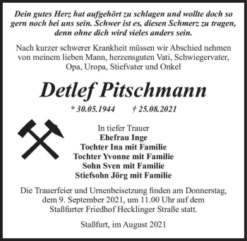 Traueranzeige von Detlef Pitschmann  von Magdeburger Volksstimme