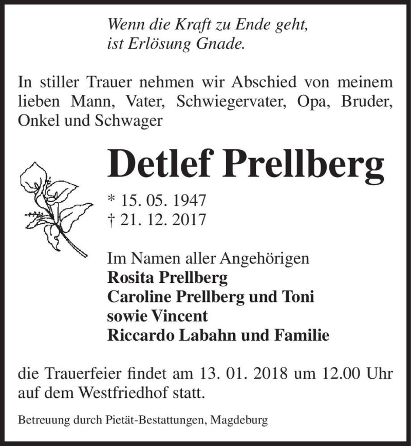  Traueranzeige für Detlef Prellberg  vom 05.01.2018 aus Magdeburger Volksstimme
