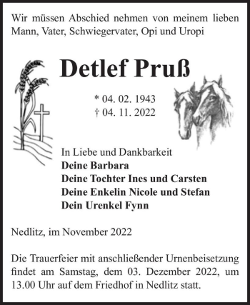 Traueranzeige von Detlef Pruß  von Magdeburger Volksstimme