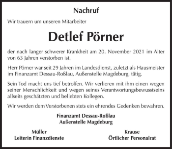 Traueranzeige von Detlef Pörner  von Magdeburger Volksstimme