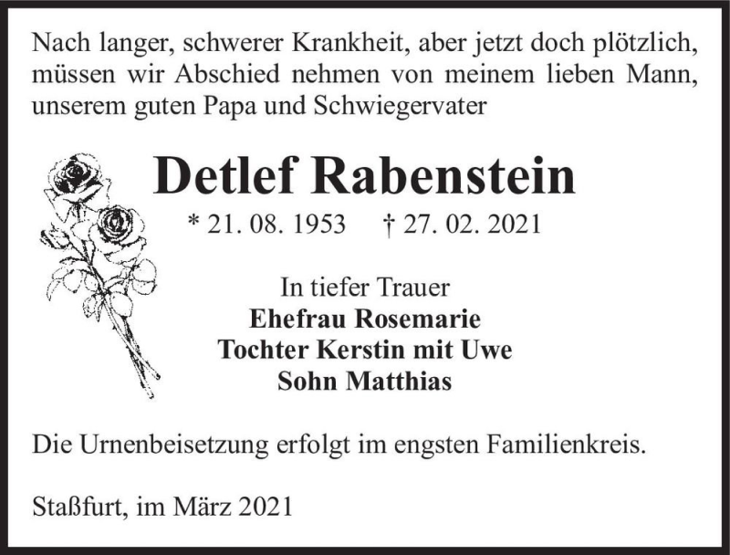  Traueranzeige für Detlef Rabenstein  vom 06.03.2021 aus Magdeburger Volksstimme