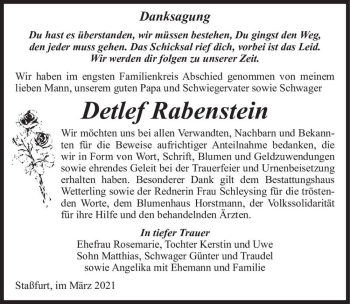 Traueranzeige von Detlef Rabenstein  von Magdeburger Volksstimme